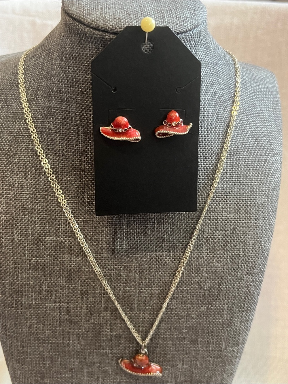 Red Hat Pendant Necklace and Earring Set - Women Jewelry
